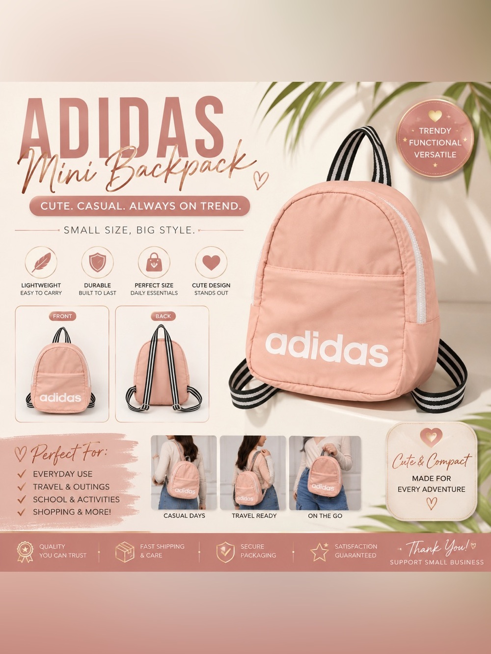 adidas Blush Pink Mini Backpack with White Logo